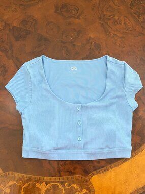 Alo Yoga Blissful Henley Yoga Bra Crop Top Blue Size L